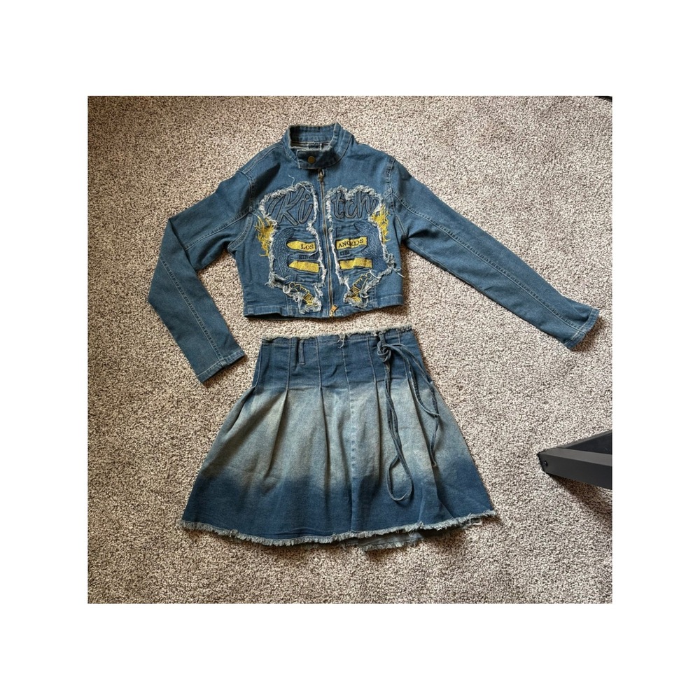 Y2K Kitch Jeans Distressed Patch Denim Jacket/Skirt Set Size Medium Blue Ombre